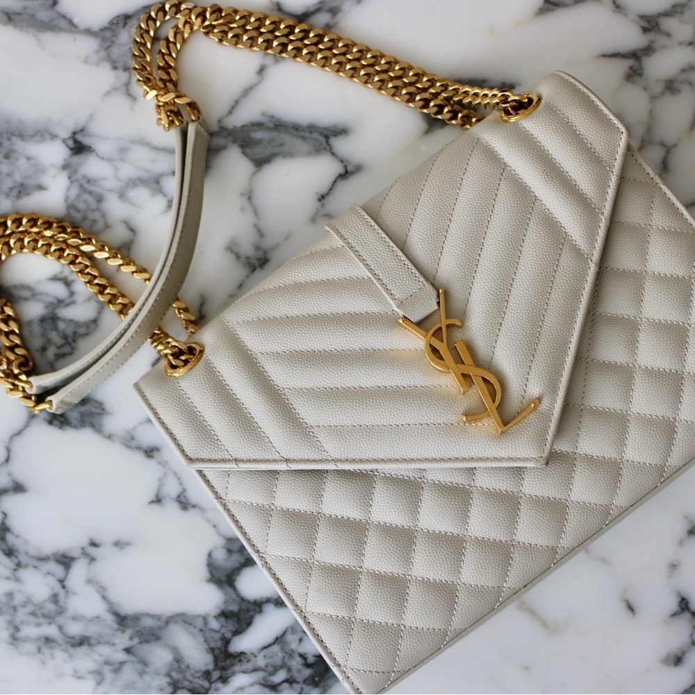 Yves Saint Laurent Medium Envelope Quilted Cream Shoulder Bag